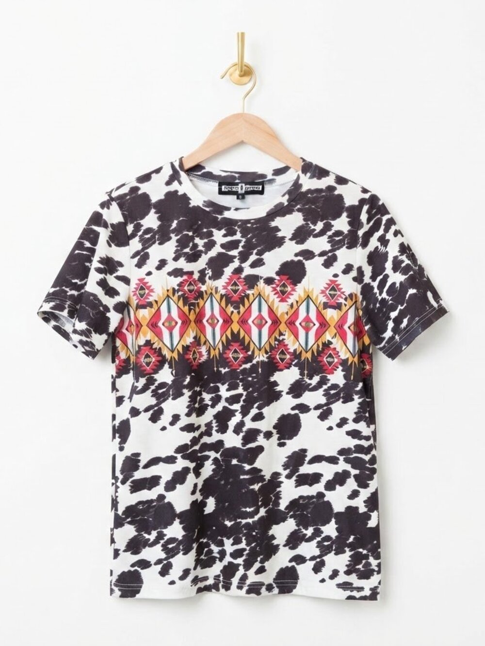 Cow Print T-Shirt Small Black White Western Aztec Graphic Tee Boho Animal Print